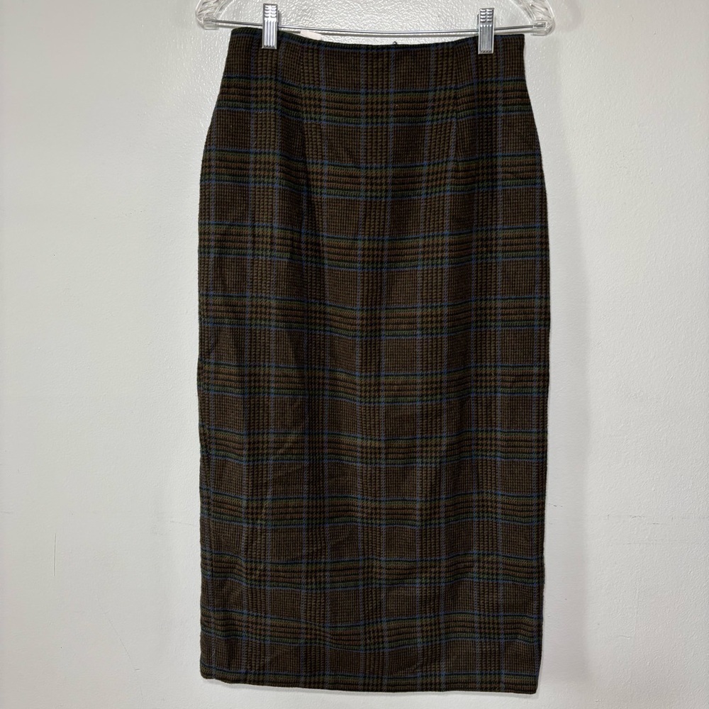 Tracy Evans Blue/Green Wool Blend Plaid Midi Length Pencil Skirt Size 7